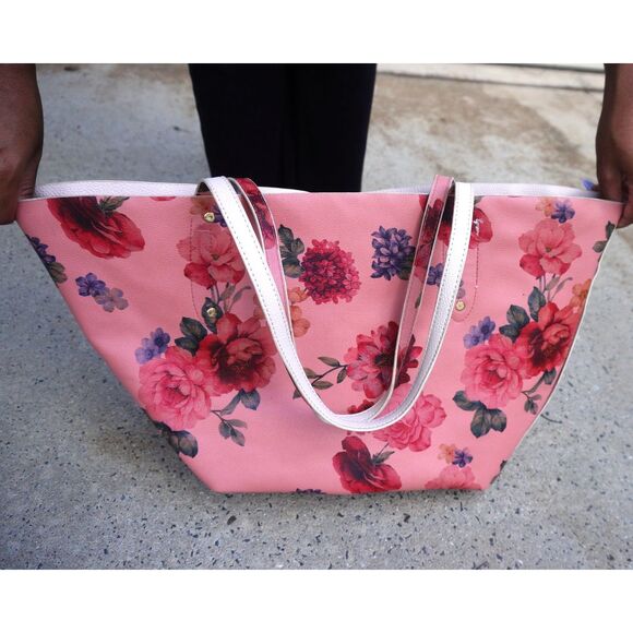Bebe Reversible Floral Tote Bag Pink Vegan Leather Purse NWT Large - Picture 10 of 11